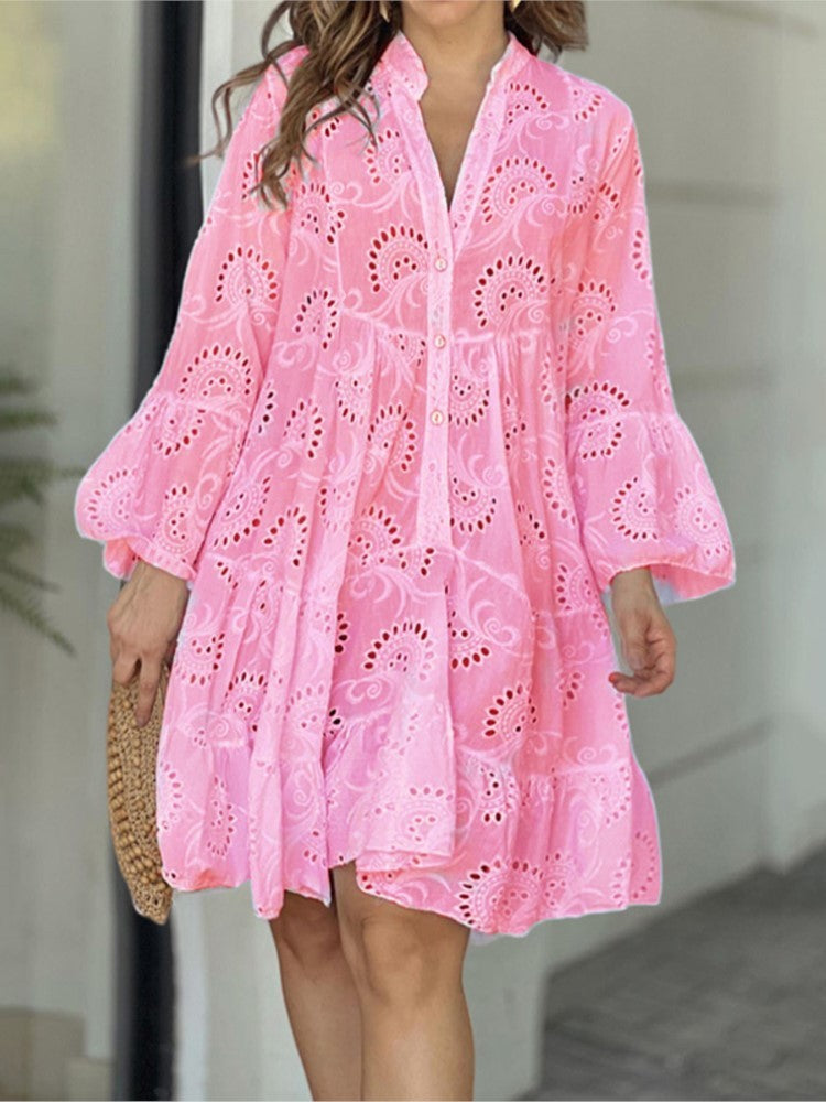 Women's Tiered Mini Dress with Patterned Design and Flared Skirt