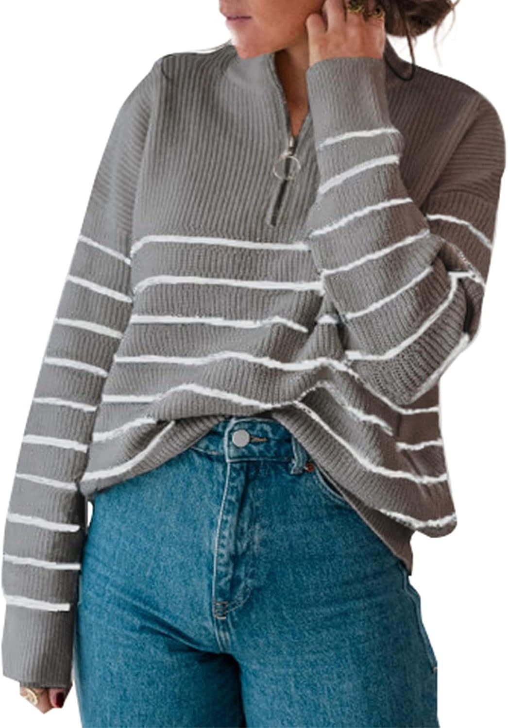 Street-wave Women's Striped Zip Pullover Soft Knit Cozy Casual Everyday Wear For Women