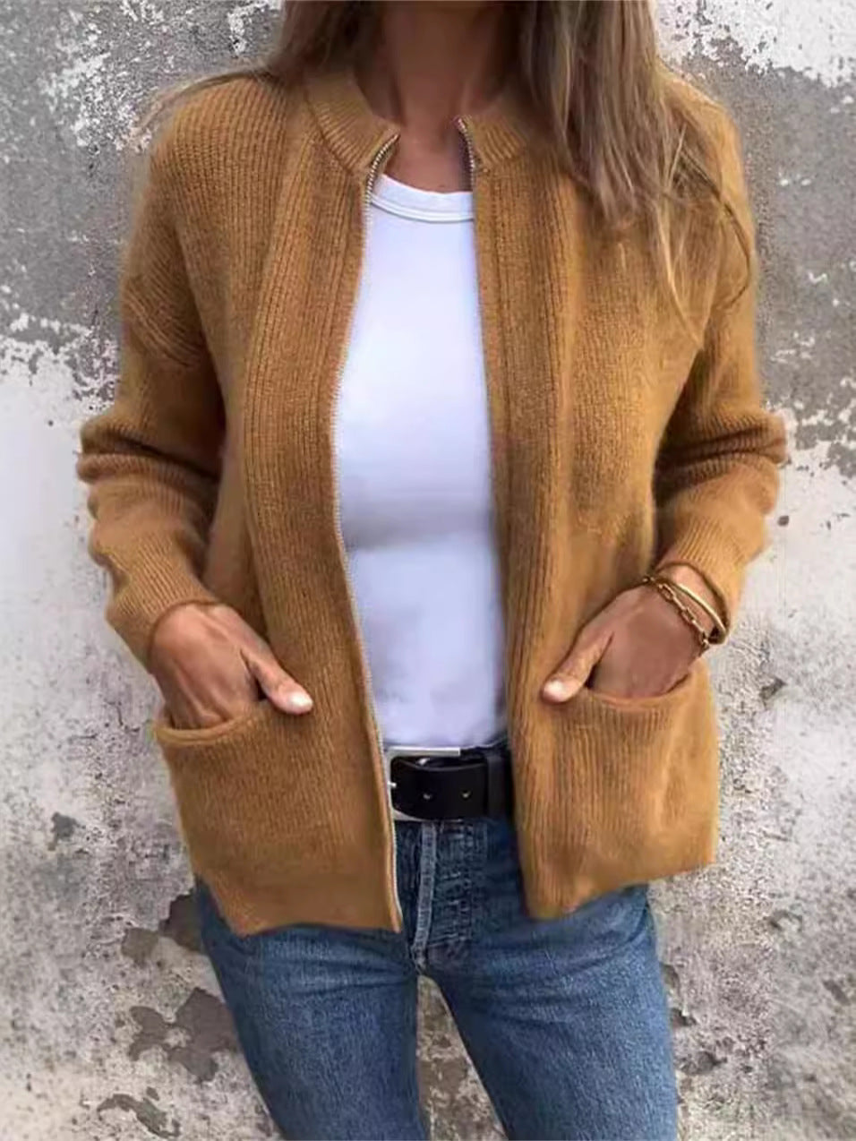Street-Wave Women's Zipper Jacket With Relaxed Fit Rib Knit Stand Collar And Practical Pockets