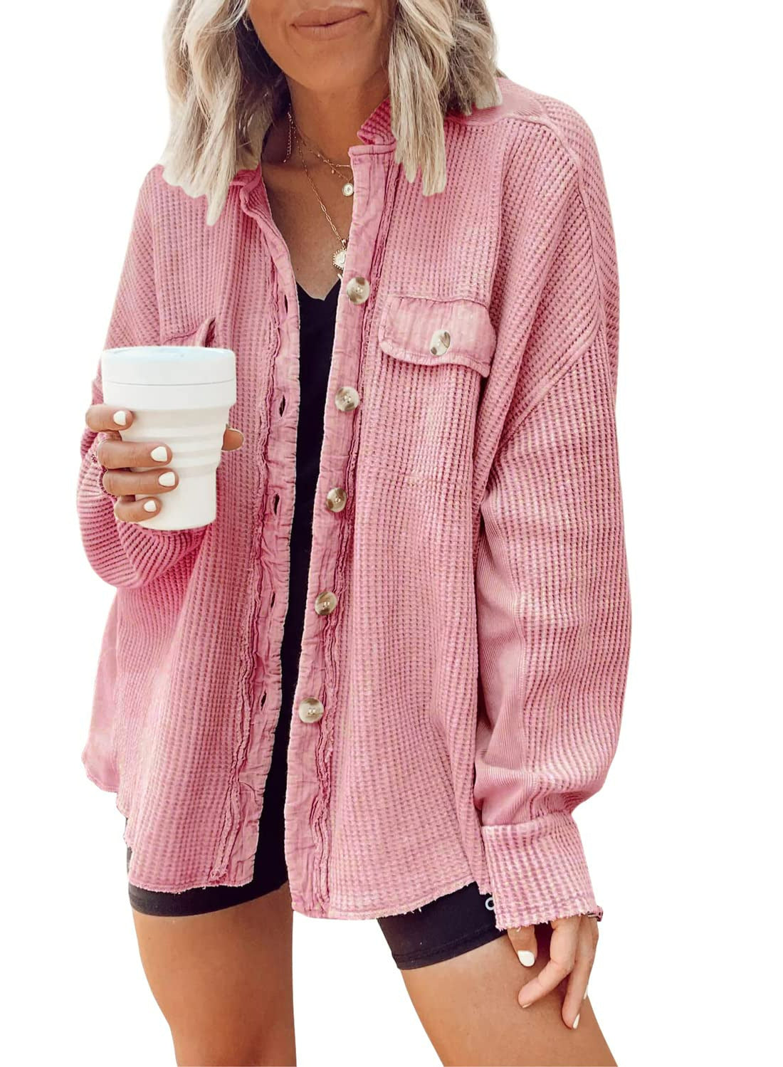 Streetwave Womens Oversized Waffle Knit Shirt Jacket Breathable Comfort Versatile Layering