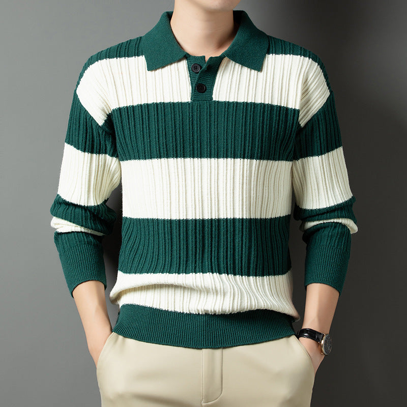 Streetwave Men's Striped Rib Knit Polo Sweater With Structured Texture And Comfort For Everyday Casual Wear