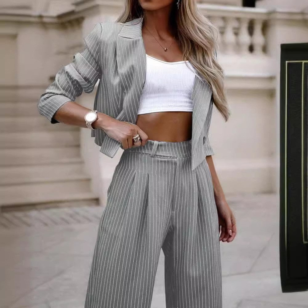 Street-Wave Womens Blazer And Pants Set Lightweight Breathable Pinstripe For Modern Professionals