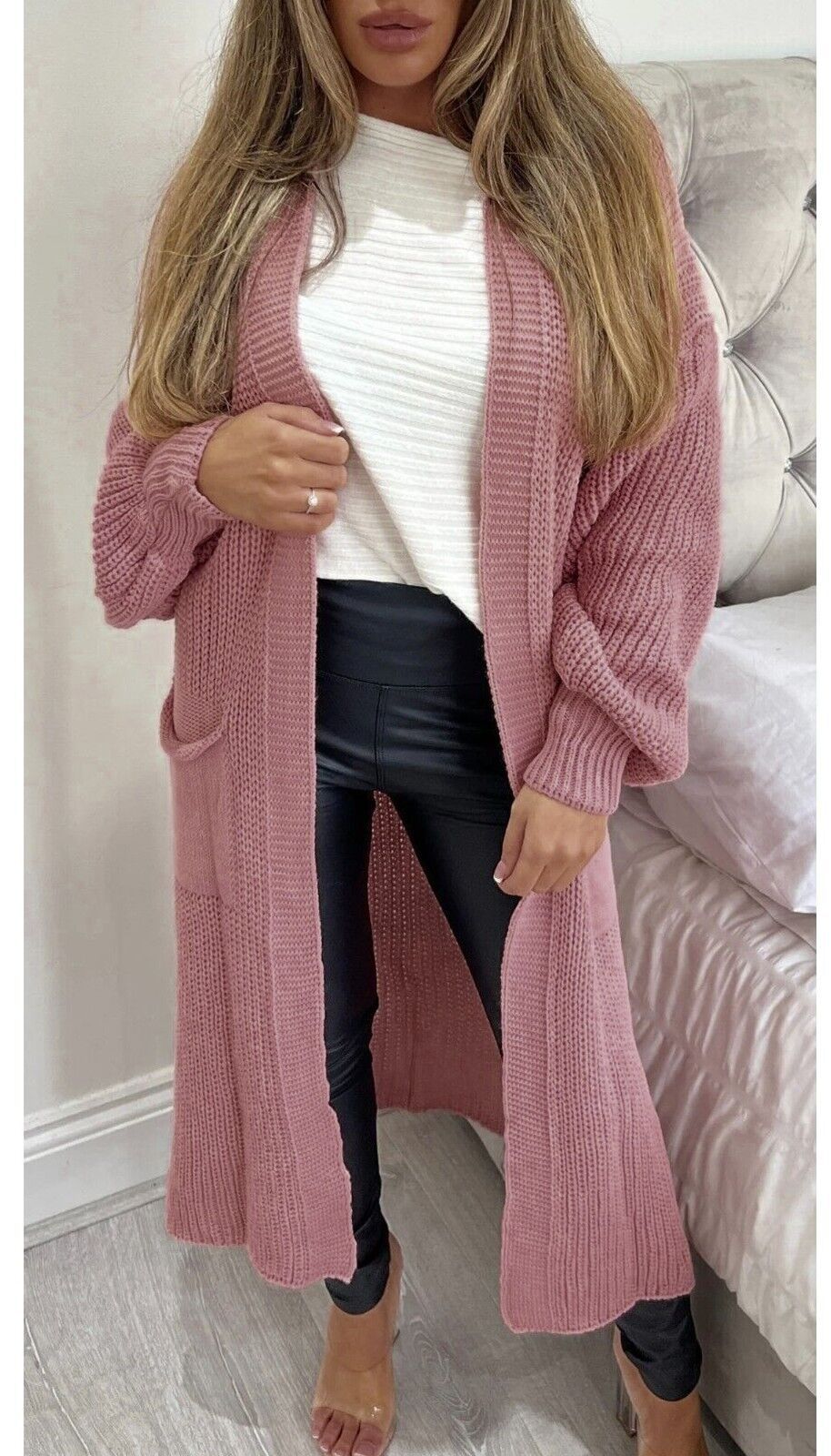 Street-wave Women’s Long Knit Cardigan With Chunky Knit Texture And Practical Pockets