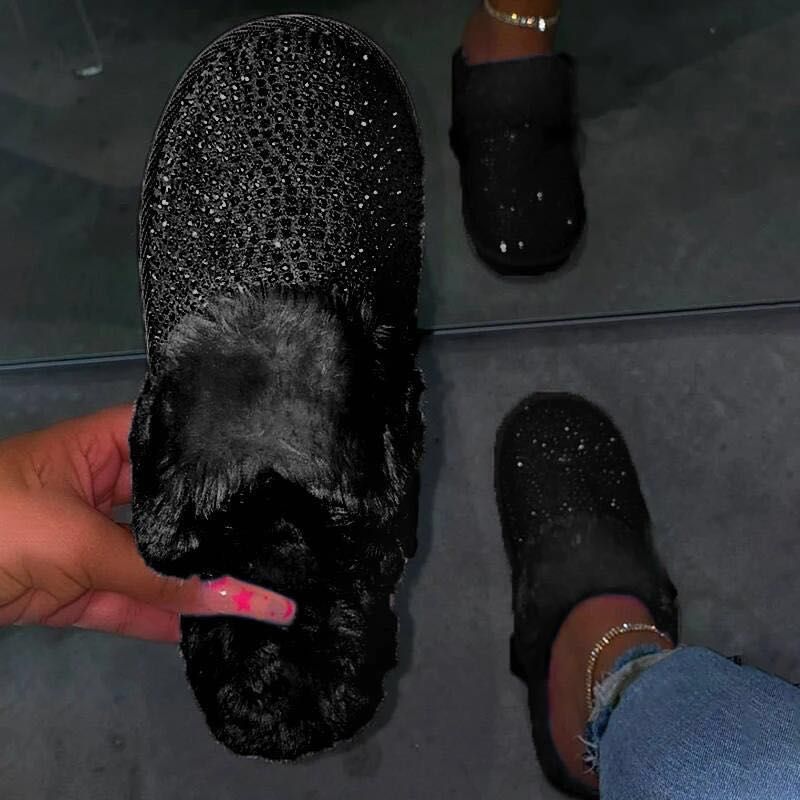 Street-wave Glamorous Glitter Fur Slippers for Women - Cozy Luxe Home Comfort Everyday