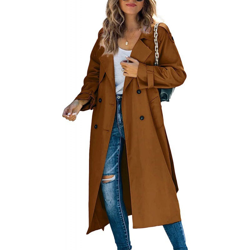 Street Wave Womens Elegant Trench Coat With Double Breasted Button Closure And Belt Premium