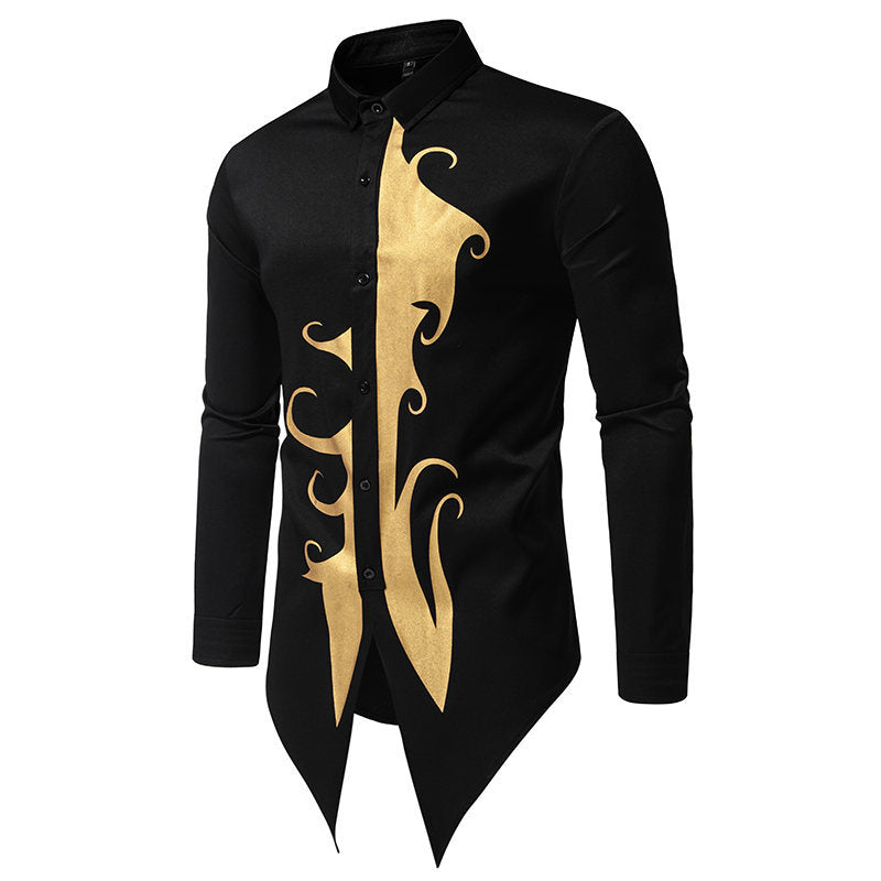 Street-wave Mens Long Sleeve Shirt With Gold Motif And Modern Cut For Style Conscious Men