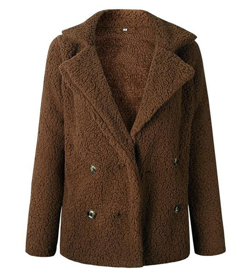 Street-Wave Womens Plush Faux Fur Double-Breasted Blazer Cozy Teddy Texture For Warm Chic Style