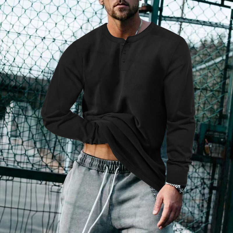Mens Long Sleeve Henley Shirt With Classic Button Placket Soft Cotton Blend Street-Wave For Everyday Comfort