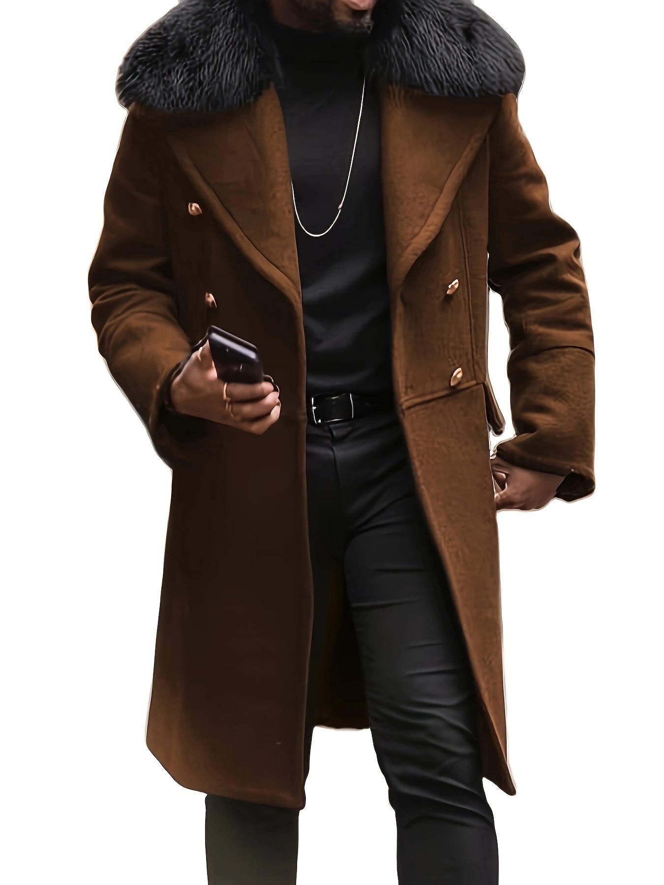 Street-Wave Mens Elegant Long Coat With Fur Collar