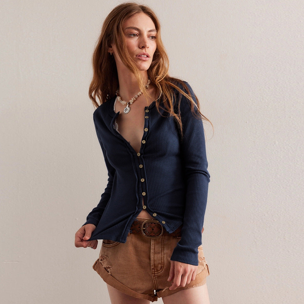 Ribbed Long Sleeve Top With Button Front - Form-Fitting Street-wave For Women, Everyday Essential