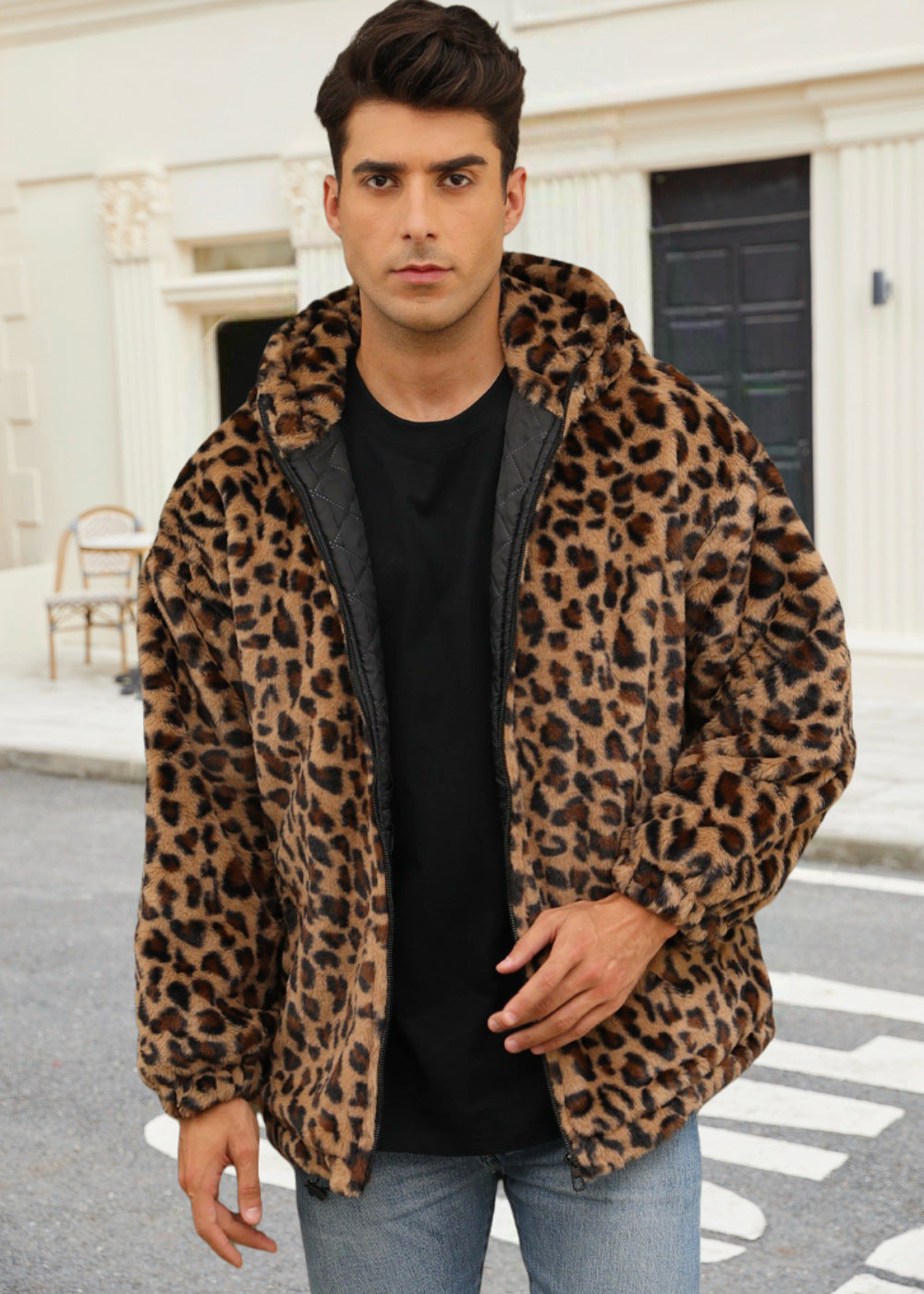Streetwave Mens Plush Jacket With Bold Animal Print And Hooded Fleece Coat Ideal Street Style