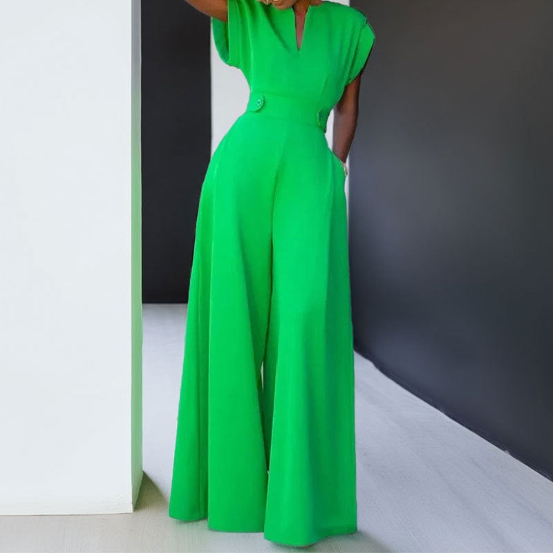Street Wave Elegant Wide Leg Jumpsuit With Pockets For Women Flattering V Neck Belted Style