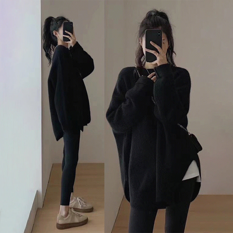 Street Wave Women Oversized Mid Length Pullover With Side Slits For Effortless Cozy Autumn Style
