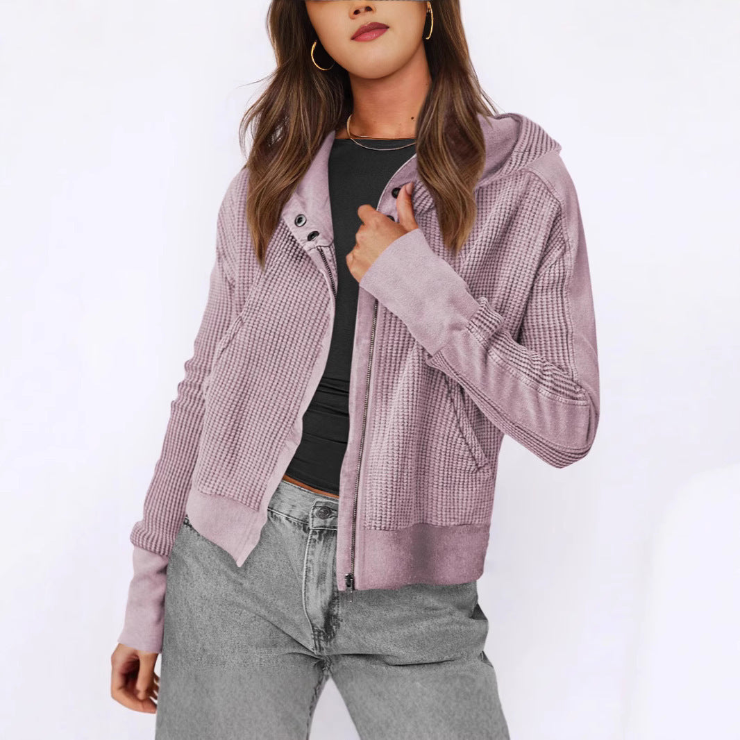 Street-wave Women's Textured Knit Zip Hoodie Jacket With Hood Cozy Structured Everyday Wear