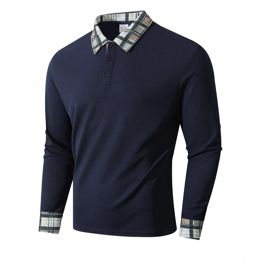 Street-Wave Mens Premium Long Sleeve Polo Shirt With Structured Collar And Fine Plaid