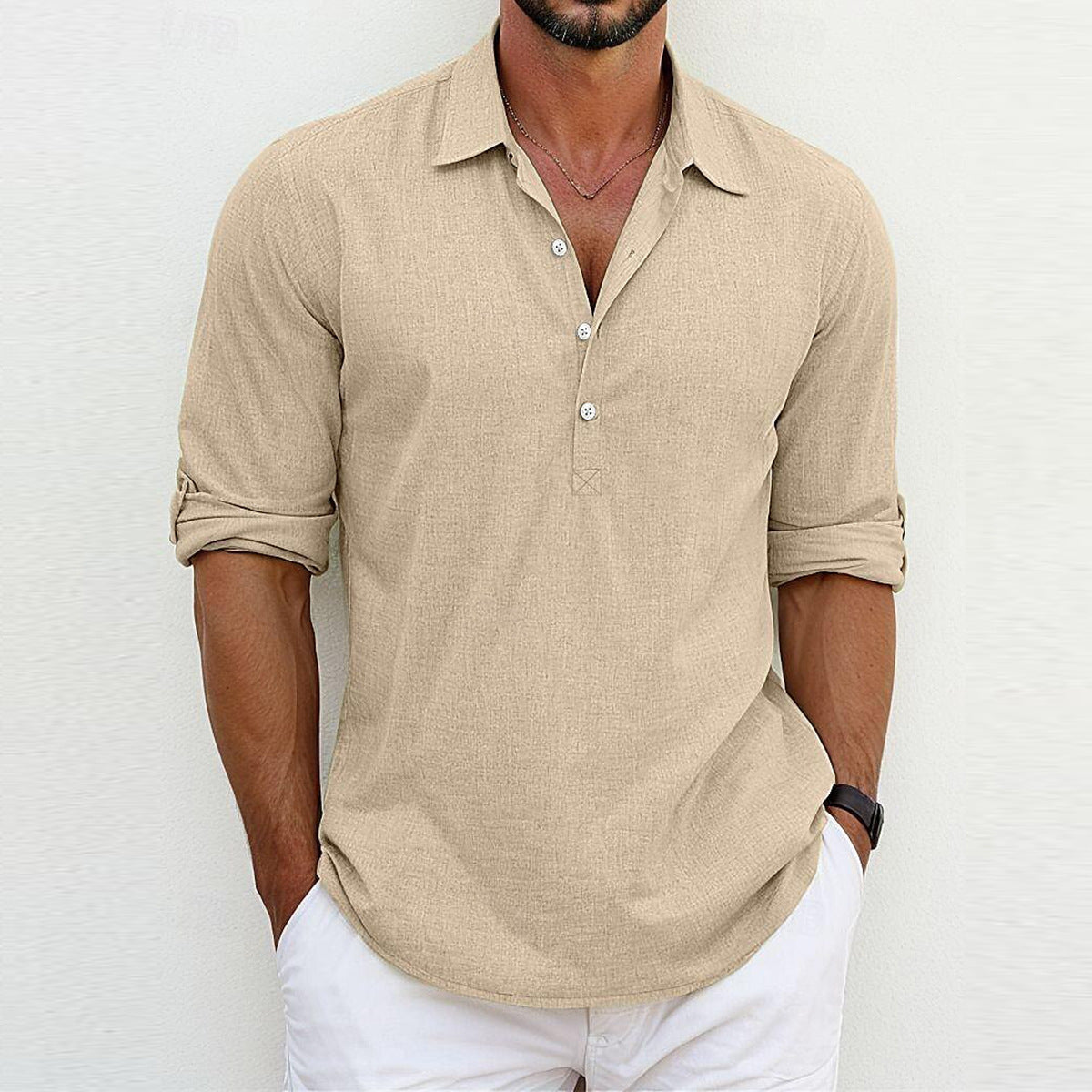 Street-Wave Mens Casual Long Sleeve Shirt With Button Placket Modern Fit Breathable Cotton Blend