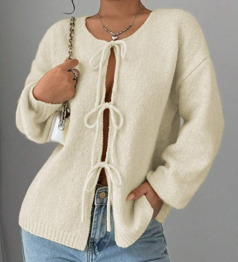 Street-Wave Women Oversized Knit Sweater With Decorative Tie-Front Detail For Cozy Everyday Style