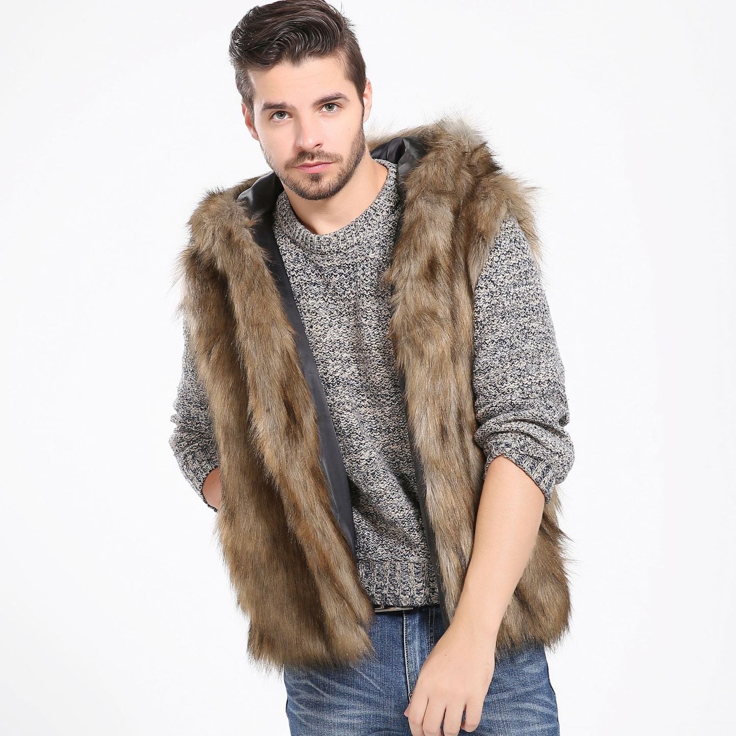 Street-Wave Men's Elegant Faux Fur Jacket With Hood And Side Pockets All-Season Winter