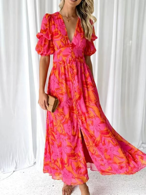Street Wave Floral Maxi Dress With V Neck And Puff Sleeves For Women Lightweight Flowy Summer Ready