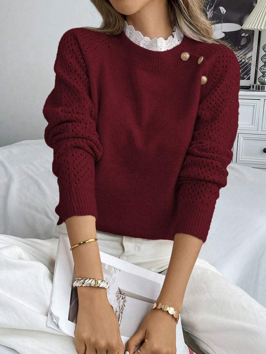 Street-wave Womens Knit Sweater With Button Shoulder Details And Eyelet Sleeves