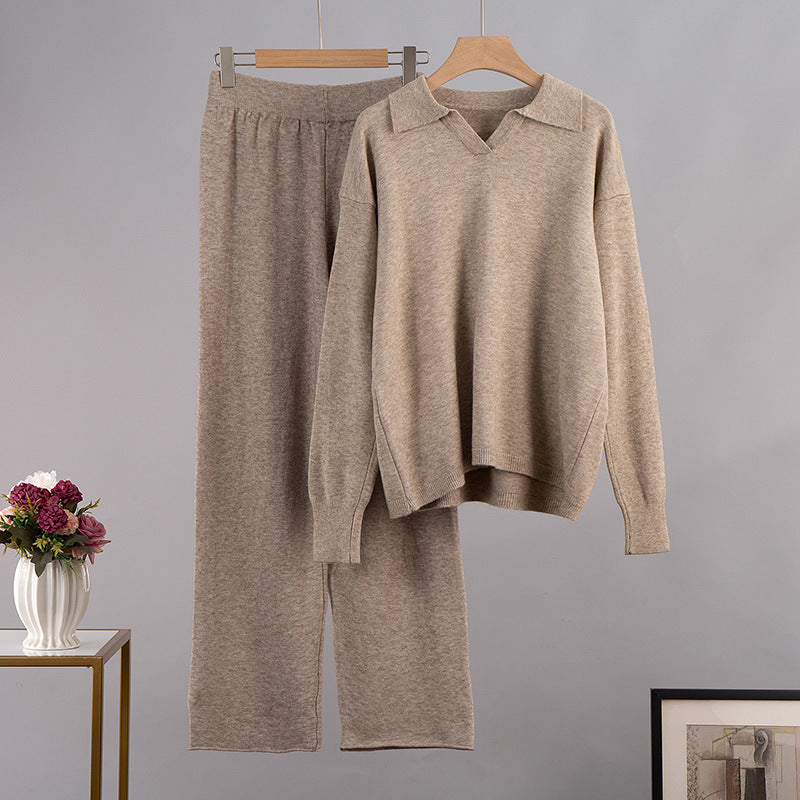 Street-Wave Knit Set With Polo Collar For Women Cozy Warm Pullover And Wide Leg Pants