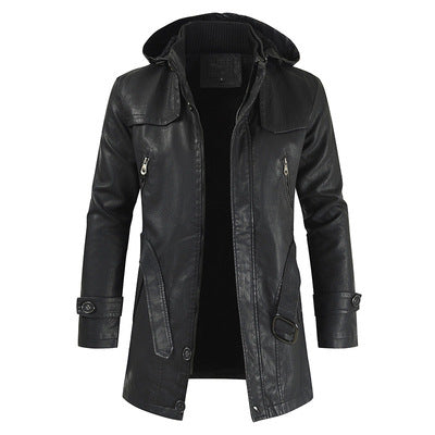 Street-wave Men's Hooded Leather Jacket Durable Style For Men With Zip Pockets Weatherproof Exterior