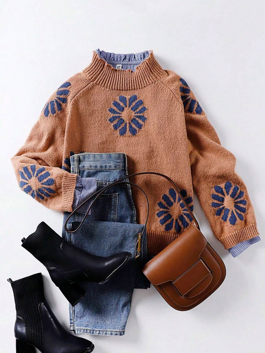 Street-Wave Women Floral Knit Sweater With Soft Breathable Fabric And Modern Crew Neck