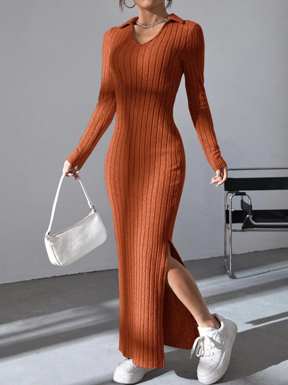 Streetwave Women Maxi Dress With Structured V Neck And Side Slits For Elegant Comfort