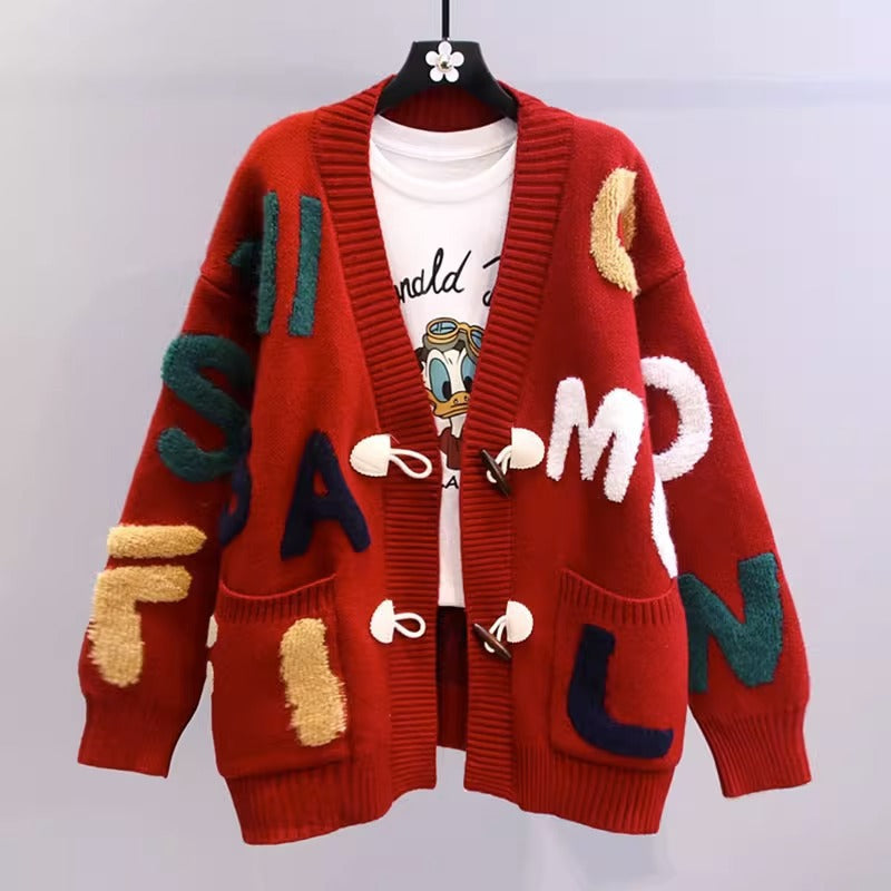 Street-wave Ladies Cardigan With Colorful Letter Motif