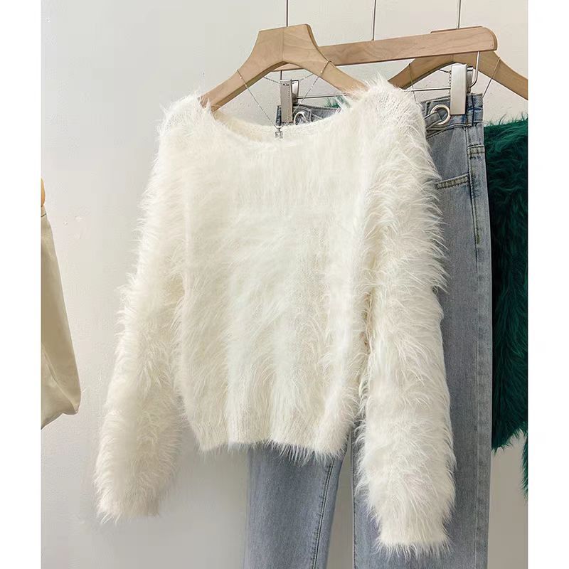 Fluffy Sweater For Women Street-wave, Cozy Loose-Fit Pullover With Soft Plush Sleeves