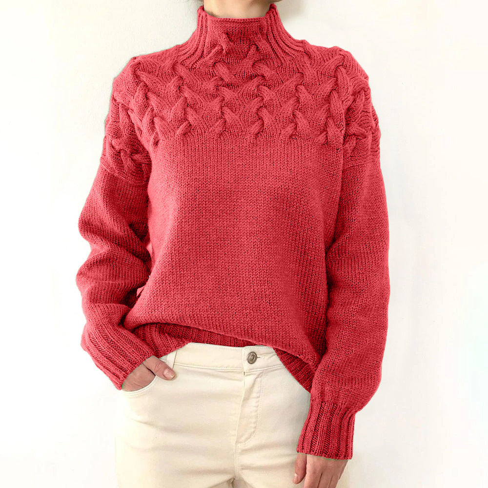 Street-wave Women's Cable Knit Sweater With High Neck, Cozy Warmth And Trendy Design