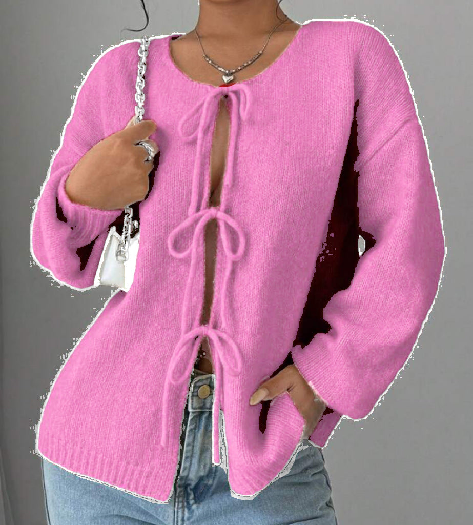 Street-Wave Women Oversized Knit Sweater With Decorative Tie-Front Detail For Cozy Everyday Style