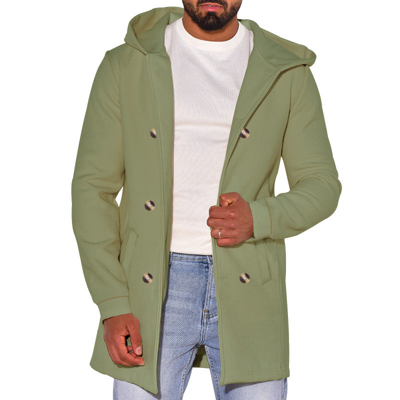 Street-Wave Mens Fashion Coat With Removable Hood And Double Button Placket For Stylish Outdoors