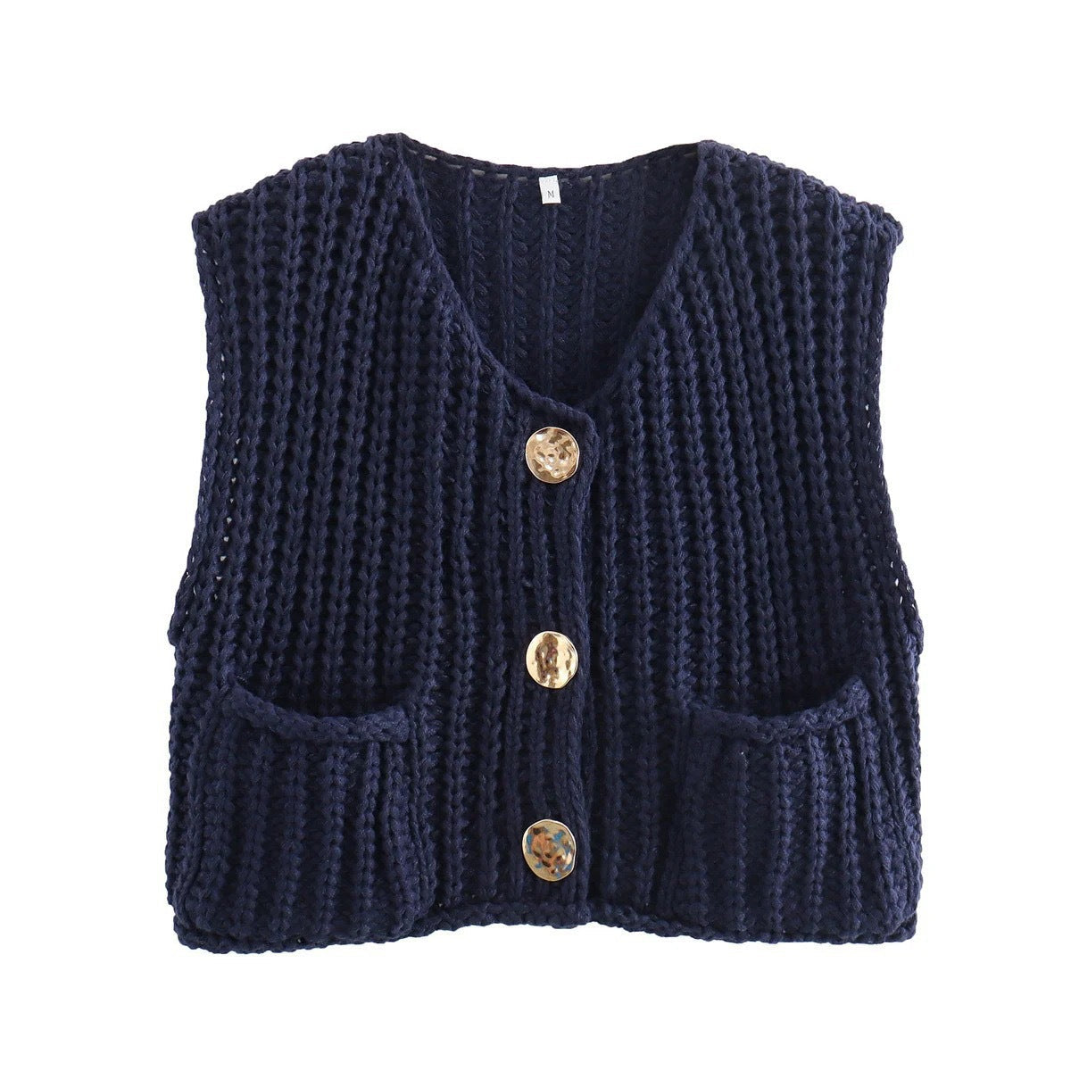 Street-Wave Women Knit Vest With Button Details And Pockets Trendy Breathable Cotton Blend