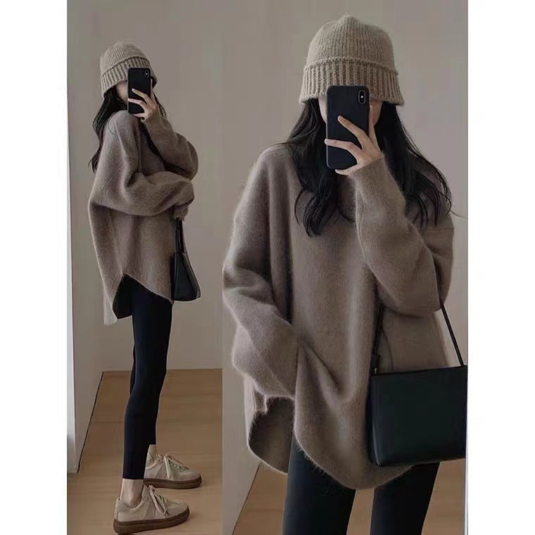 Street Wave Women Oversized Mid Length Pullover With Side Slits For Effortless Cozy Autumn Style