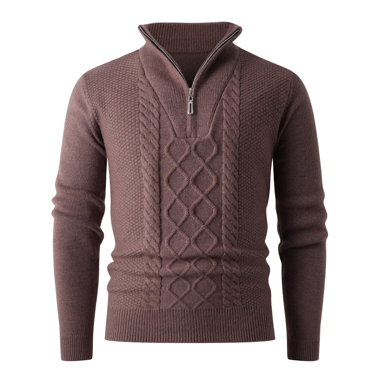 Street Wave Mens Chunky Knit Sweater With Zip Stand Collar Cozy Cable Knit Pullover For Winter