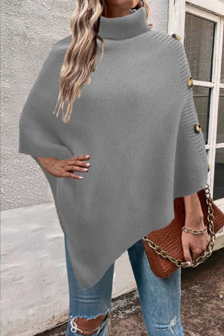 Women's Knit Poncho With High Collar And Button Details By Street-wave Cozy Chic For Women