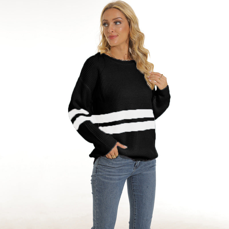 Street-wave Women’s Chunky Knit Sweater With Sport Stripe Pattern, Relaxed Fit, Cozy Everyday Warmth