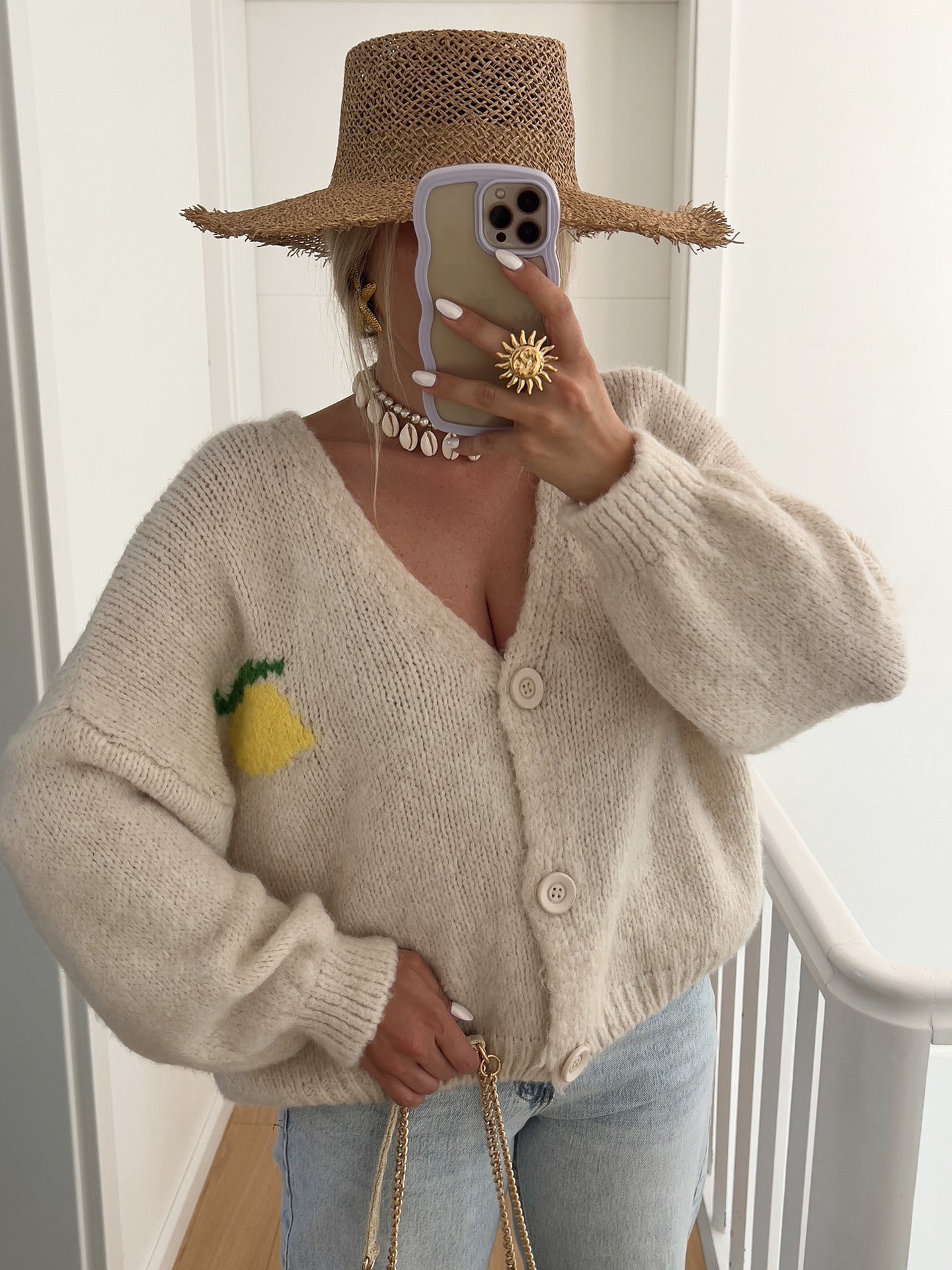 Street-wave Ladies Chunky Knit Cardigan With Lemon Motif And Cozy Warmth For Modern Women