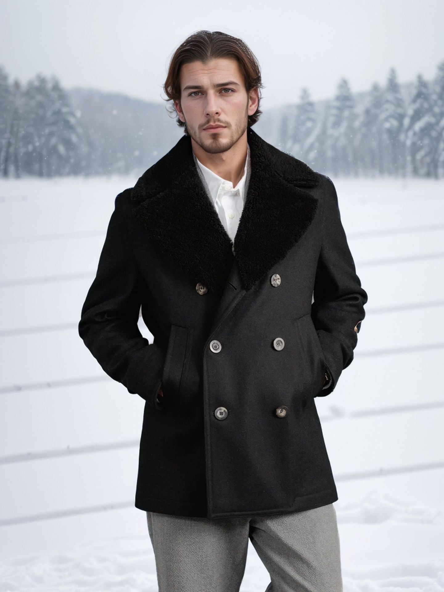 Street-wave Men's Wool Coat With High Fur Collar Double Breasted Winter Overcoat For Style Conscious Gentlemen