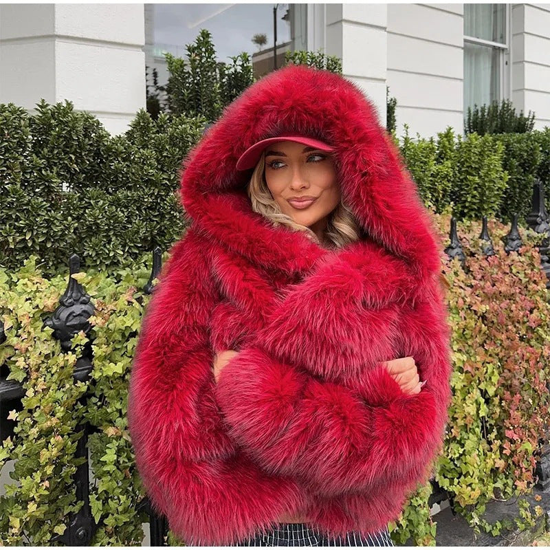 Street-wave Oversized Faux Fur Jacket With Hood For Women Luxurious Cozy Streetwear