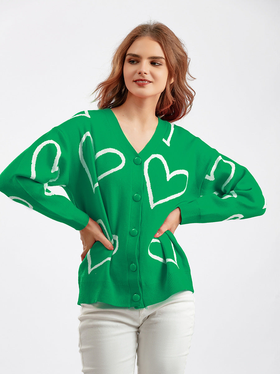 Street Wave Womens Heart Motif Cardigan With Loose Fit Soft Cozy Knitwear For Everyday Style