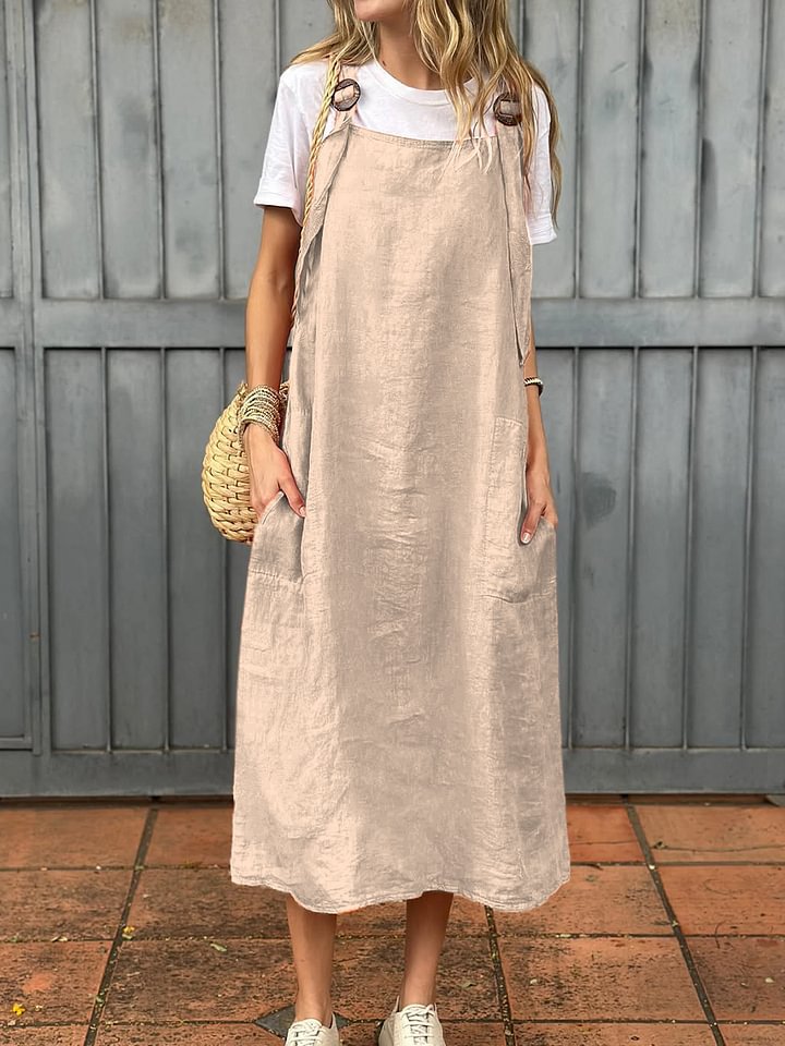 Streetwave Linen Strap Dress With Two Front Pockets For Women Breathable Casual Midi Summer