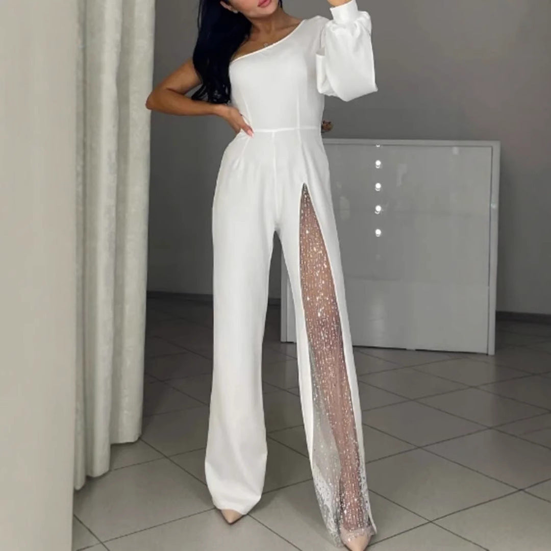 Street Wave One Shoulder Jumpsuit With Sequin Panel For Women, Glamorous Evening Wear