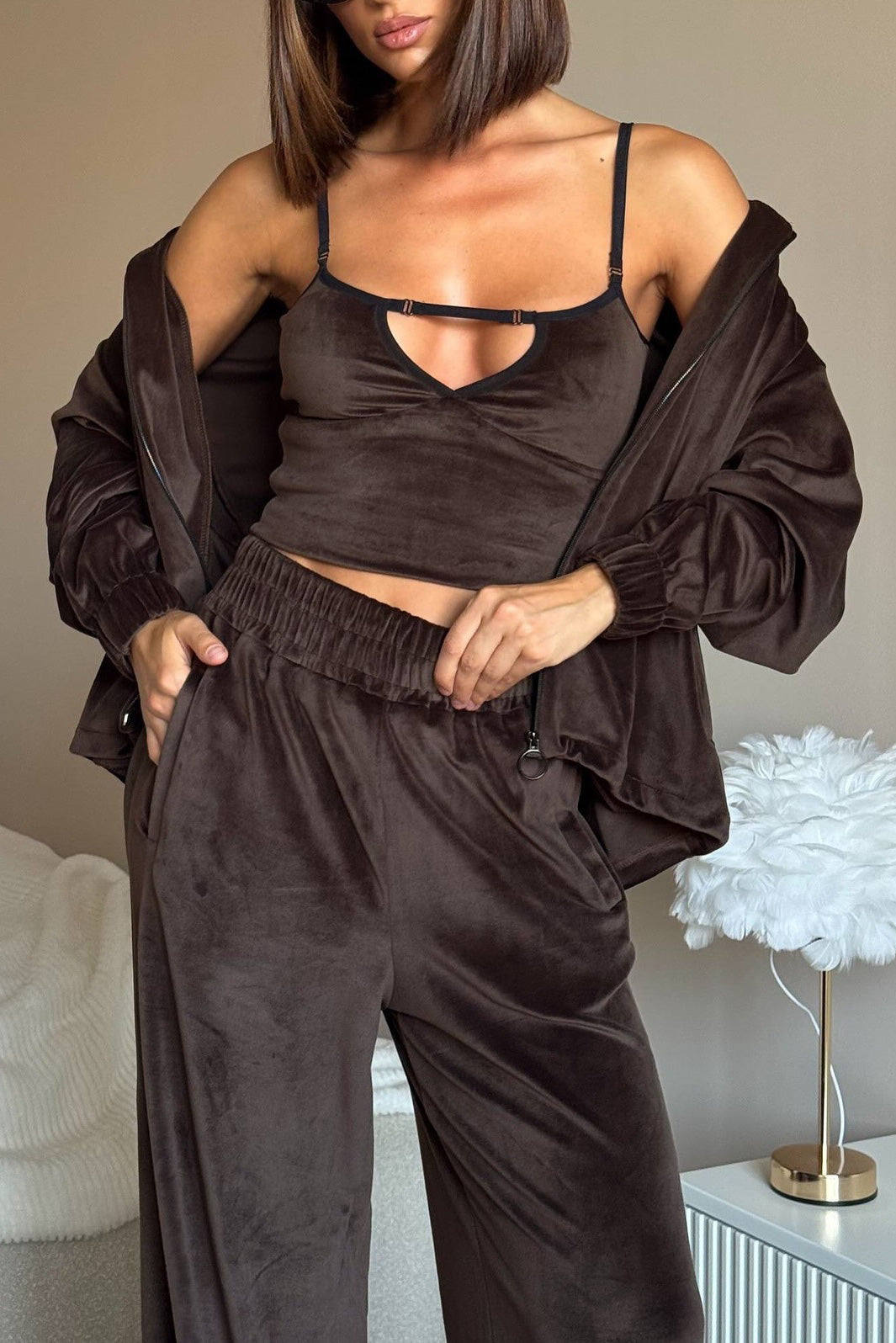 Street-Wave Suede Hoodie Set With Zip Front For Women Cozy Loungewear Two Piece Ensemble