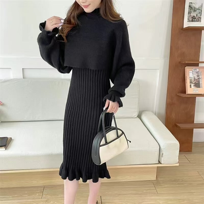 Street Wave Women's Knit Dress With High Neck And Ribbed Texture Cozy Elegant Silhouette