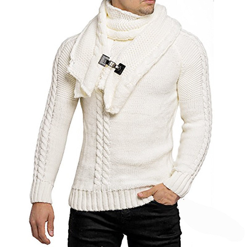 Street-wave Men's Cable Knit Sweater With Integrated Scarf for All-Season Warmth