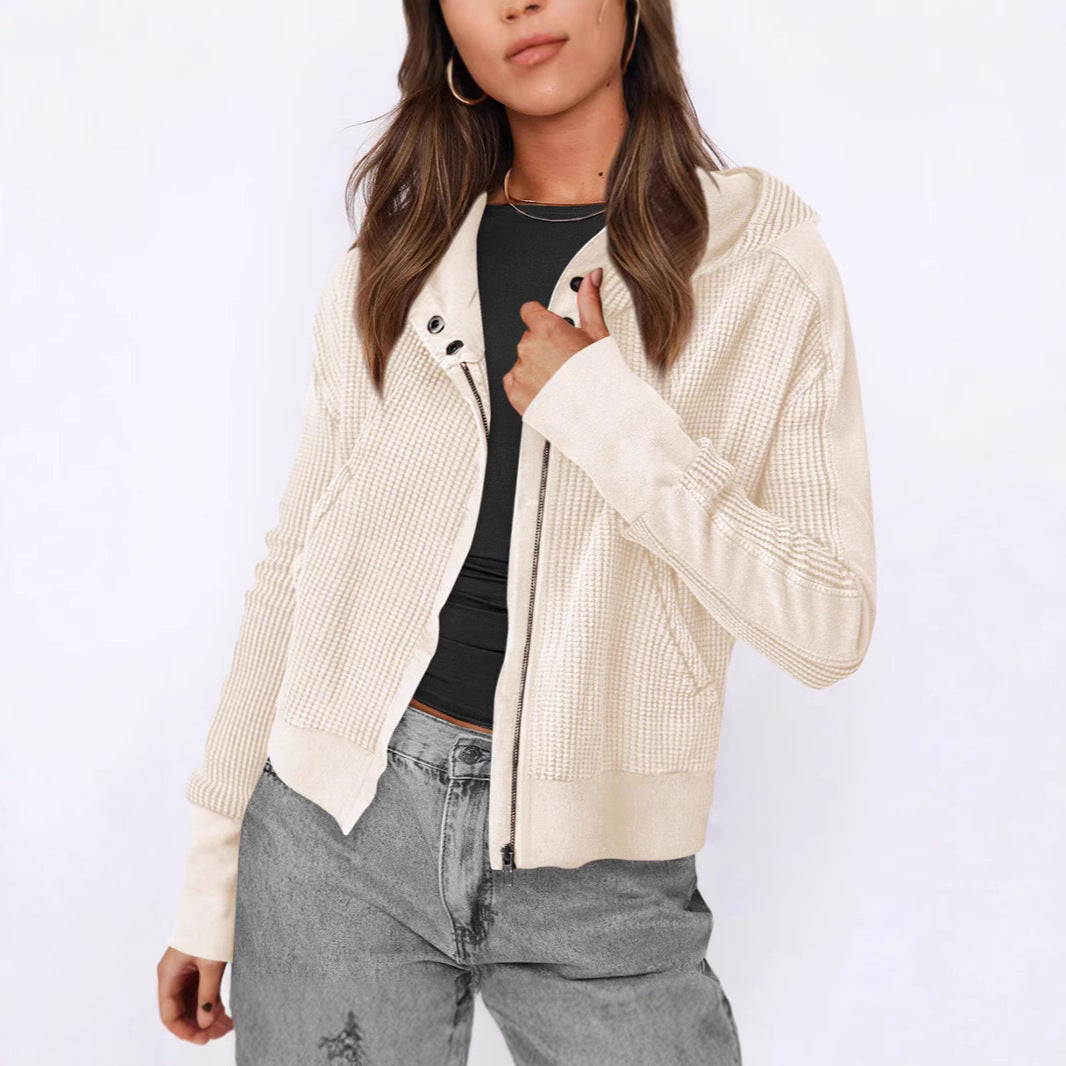 Street-wave Women's Textured Knit Zip Hoodie Jacket With Hood Cozy Structured Everyday Wear