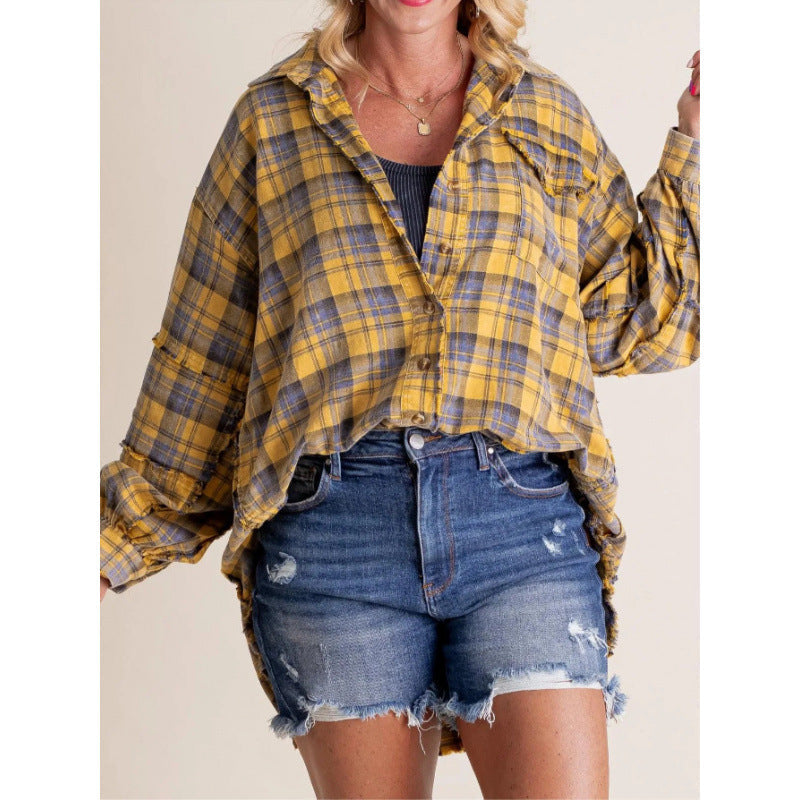 Street-wave Women's Casual Carrot Jacket With Wide Sleeves Plaid Flannel Shacket For Everyday Style