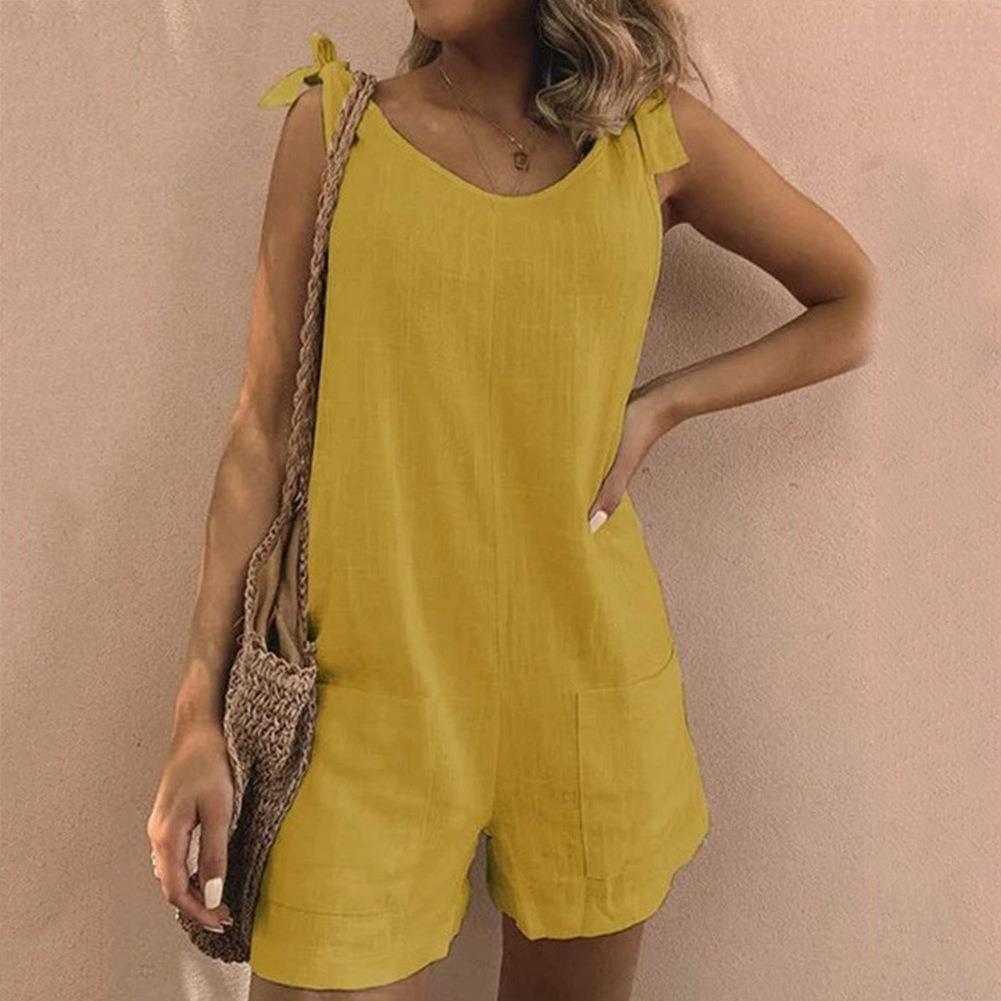 Women's Bow Strap Playsuit with Pocket Design and Adjustable Straps